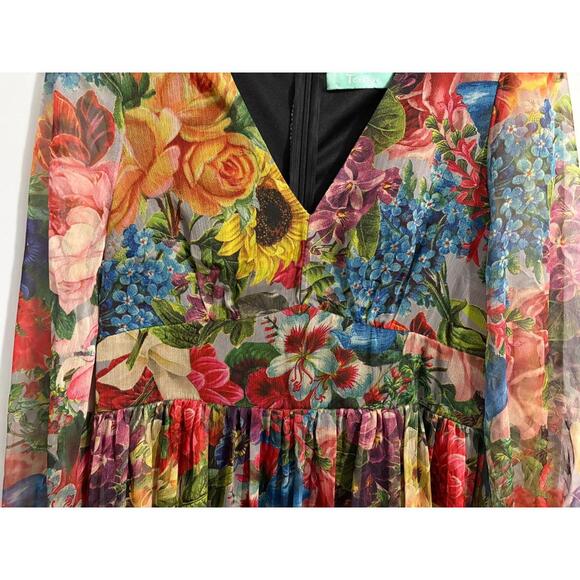 Toleen Dress Womens Medium Floral Babydoll Ruffles Boho Peasant Maxi Sheer L/S - Picture 2 of 9